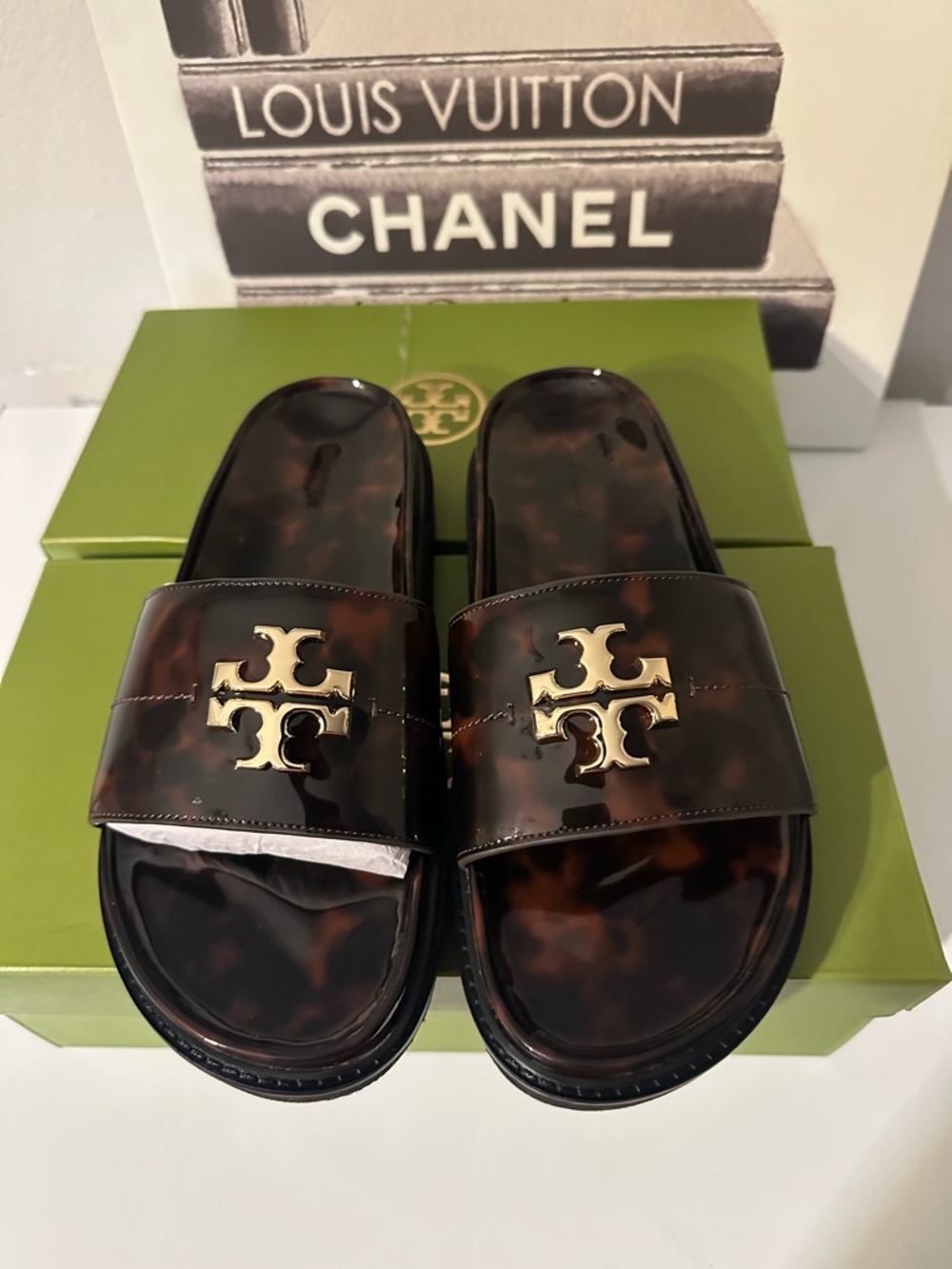 Tory Burch women’s 's Tortoiseshell Slide Sandals with Gold Logo